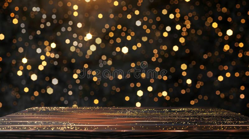 Leerer Holztisch mit schimmerndem schwarz-goldfarbenem Hintergrund. fröhliche Weihnachten und fröhlicher Urlaub im neuen Jahr stock abbildung