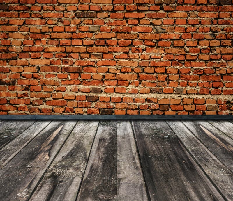 Leerer Raum mit Wand und Bretterboden des roten Backsteins stockbild Leerer Raum mit Wand und Bretterboden des roten Backsteins stockbild