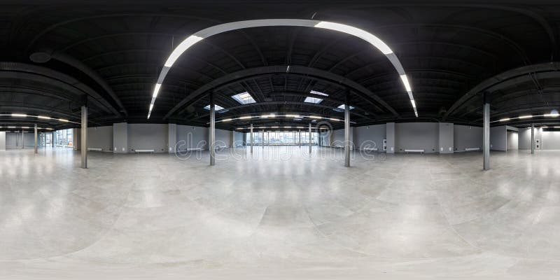 Leerer Raum ohne Reparatur volles nahtloses kugelförmiges hdri Panorama 360 Grad im Innenraum des weißen Dachbodenraumes für Büro