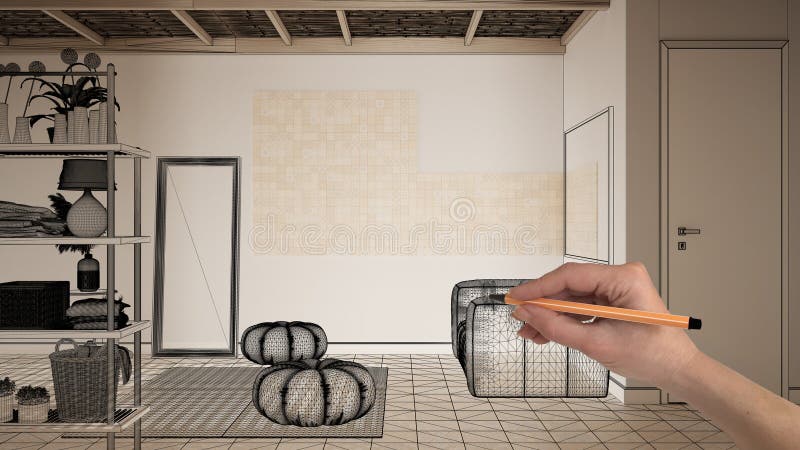 Empty white interior with with herringbone parquet floor, white walls, hand drawing custom architecture design, black ink sketch, blueprint showing cosy room with sofa and pouf. Empty white interior with with herringbone parquet floor, white walls, hand drawing custom architecture design, black ink sketch, blueprint showing cosy room with sofa and pouf