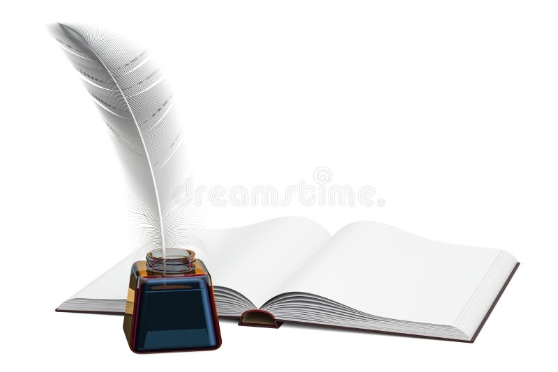 Leeres Buch mit Feder und Tintenfass, Wiedergabe 3D stock abbildung