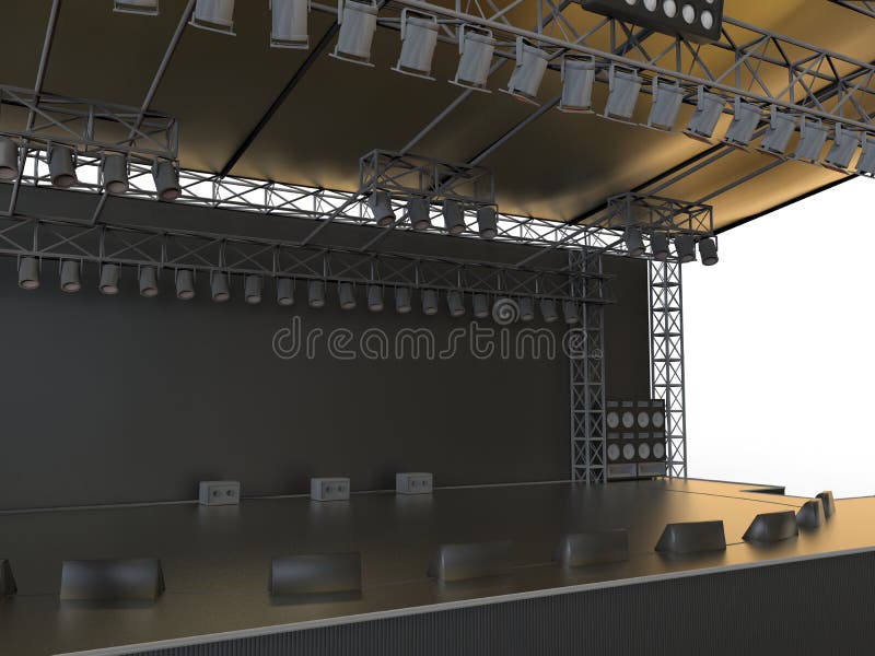 3D render illustration of an empty concert stage. The object is placed on a white background. 3D render illustration of an empty concert stage. The object is placed on a white background.