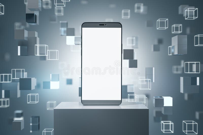 Leeres weißes Smartphone auf kreativem, grau-grauem Kubus Hintergrund mit Sockel und Platz zum Verspotten. vektor abbildung