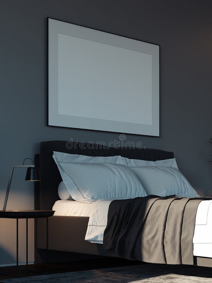 Leeres weißes Plakat im modernen stilvollen Schlafzimmer über gemütlichem Bett, Wiedergabe 3d vektor abbildung Leeres weißes Plakat im modernen stilvollen Schlafzimmer über gemütlichem Bett, Wiedergabe 3d vektor abbildung