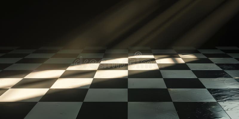 Leeres Zimmer mit schwarz-weißem Marmorboden mit Schachbrettmuster und Sonnenschein. aig49. vektor abbildung