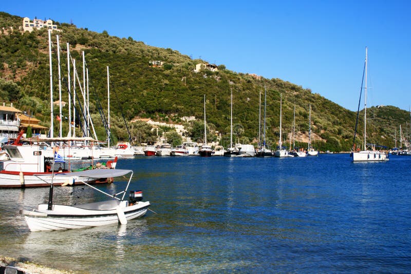 Lefkada's sea - Desimi boats royalty free stock photography