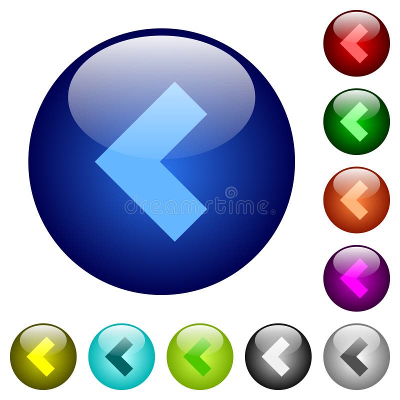 Left 90 degrees angle arrow solid color glass buttons stock illustration