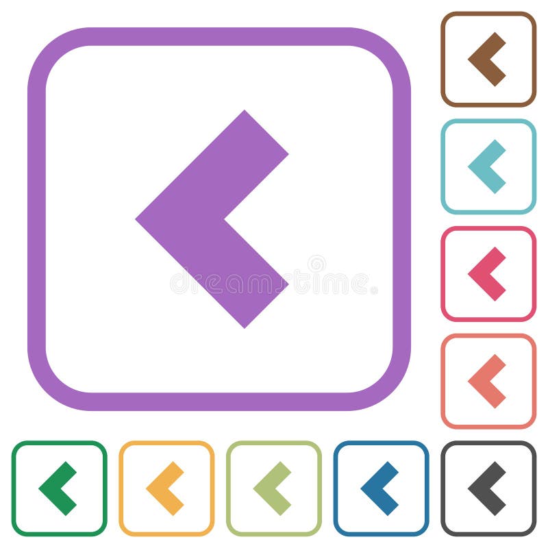 Left 90 degrees angle arrow solid simple icons in color rounded square frames on white background