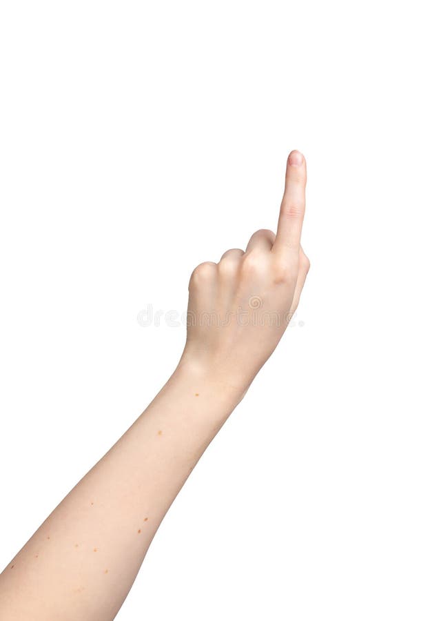 Left hand clicking, index finger touching, gesturing, pointing on something, isolated on white stock photo