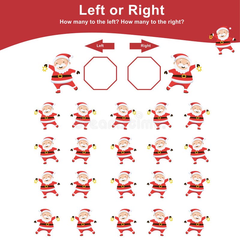 Left and right math worksheet. Count how many the Santa Claus to the right and to the left. vector illustration