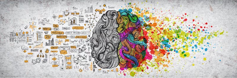 Left right human brain concept, textured illustration. Creative left and right part of human brain, emotial and logic stock illustration Left right human brain concept, textured illustration. Creative left and right part of human brain, emotial and logic stock illustration