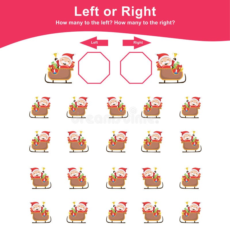 Count how many the Santa Claus on the sleigh and holding bell to the right and to the left. stock illustration