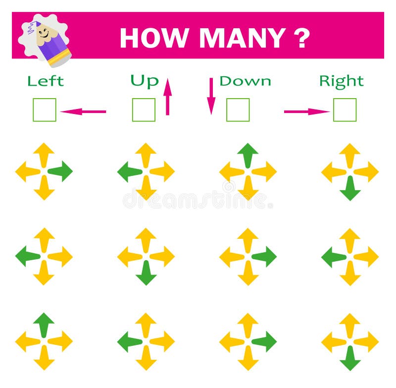 Logic game for kids count how many turned left and how many are turned 