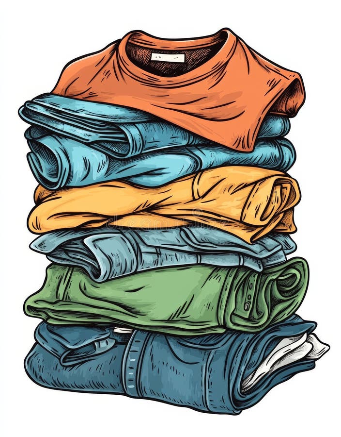 The left side of the table has a tall stack of folded clothes, mostly denim, with a pair of jeans on it. royalty free stock photos