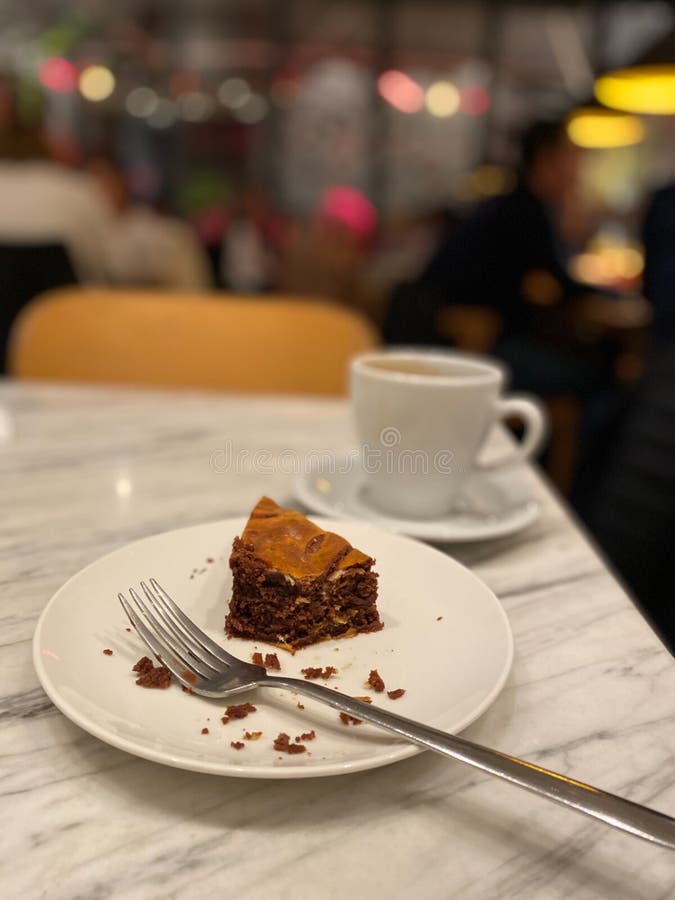 Leftover Bitten Brownie at Cafe Restaurant with Coffee Stock Image Image of white, party