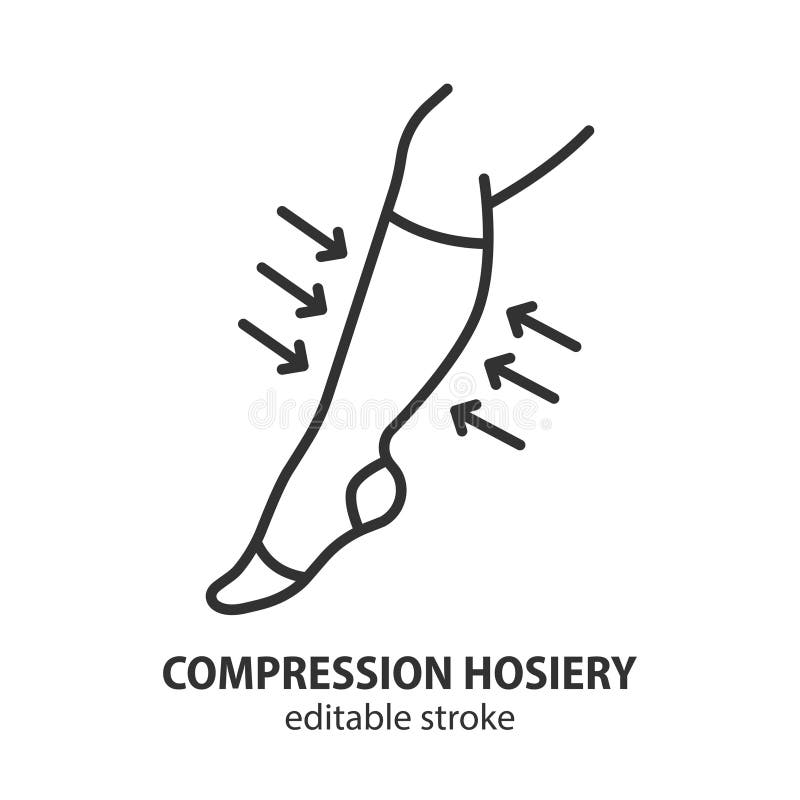 Leg with compression stocking line icon. Medical underwear vector illustration. Editable stroke stock illustration