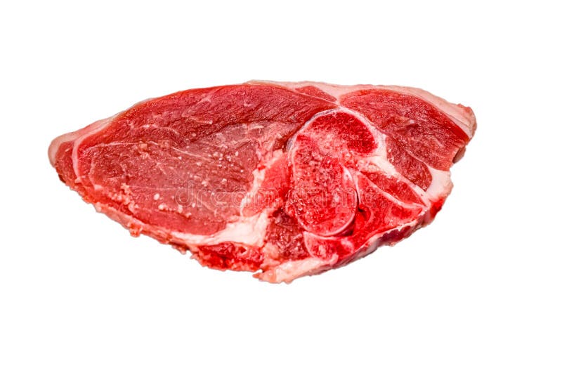 A Leg of Lamb Cut into Steaks Lies on a White Background. Stock Photo