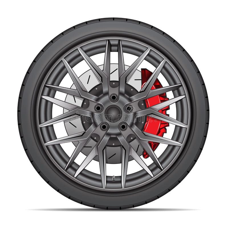 Realistic wheel alloy with tire radial and break disk for sport racing car on white background vector illustration. Realistic wheel alloy with tire radial and break disk for sport racing car on white background vector illustration.