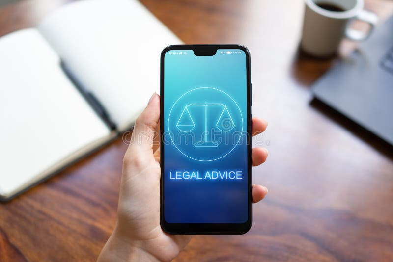 Legal advice icons on mobile phone screen. Attorney at law, consultation, supprot. Business concept. stock photo Legal advice icons on mobile phone screen. Attorney at law, consultation, supprot. Business concept. stock photo