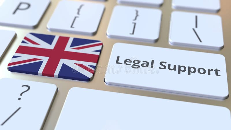 Legal Support text and flag of the UK on the computer keyboard. Online legal service related 3D animation