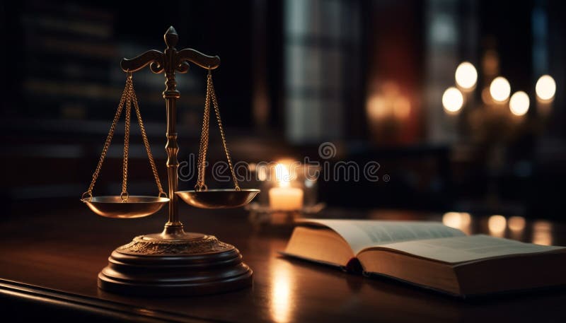 Legal wisdom on display Antique books balance justice on table generated by AI stock illustration