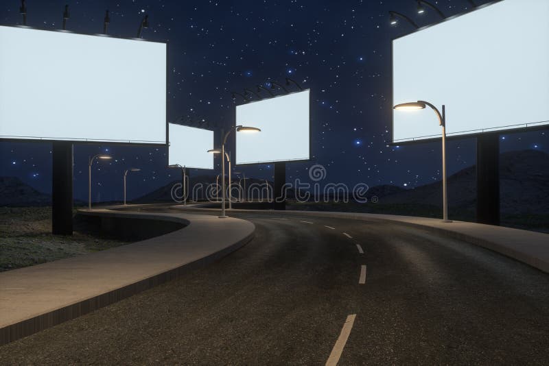Lege adverterende raad en windende weg, het 3d teruggeven royalty-vrije stock foto Lege adverterende raad en windende weg, het 3d teruggeven royalty-vrije stock foto