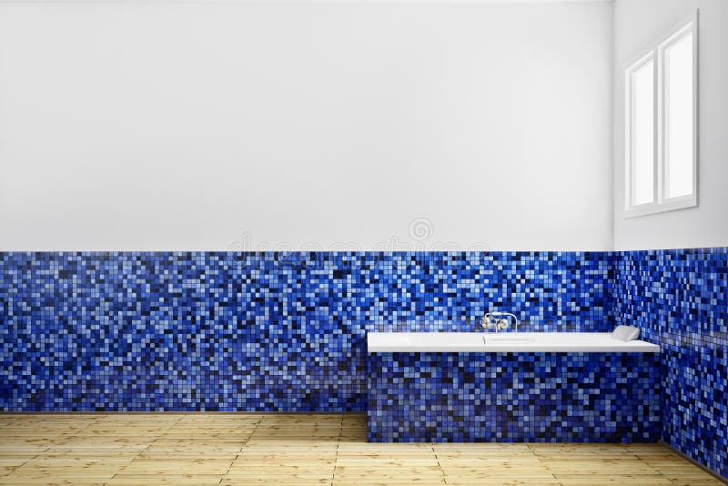 Empty Bathroom with blue tiles from side. Empty Bathroom with blue tiles from side