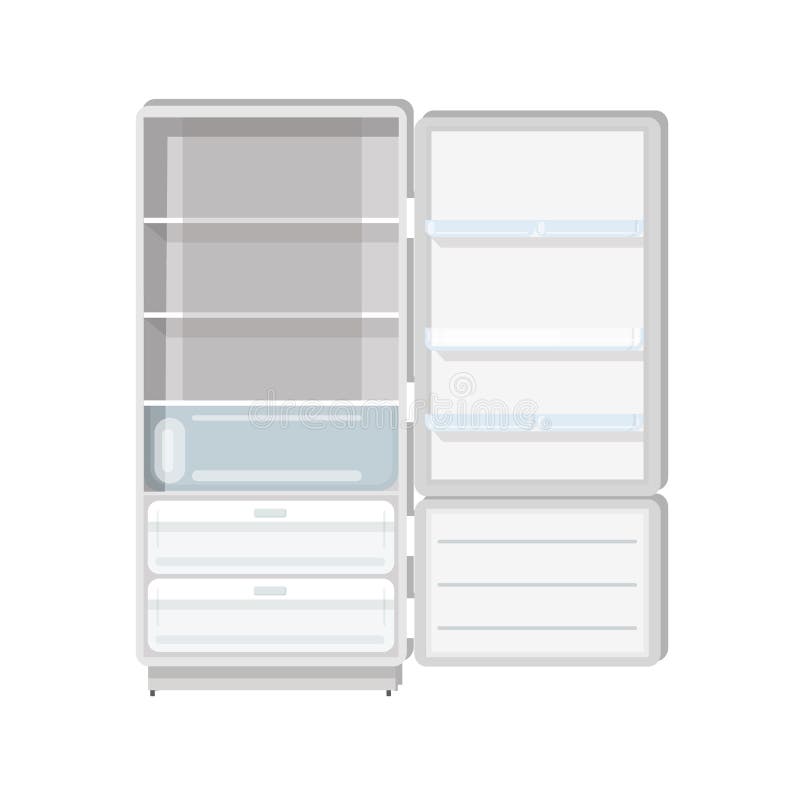 Lege ijskast met geopende die deur, planken en dienbladen op witte achtergrond wordt geïsoleerd Koelkast met diepvriezer huishoud stock illustratie Lege ijskast met geopende die deur, planken en dienbladen op witte achtergrond wordt geïsoleerd Koelkast met diepvriezer huishoud stock illustratie