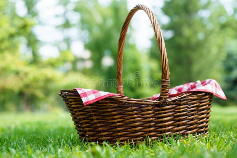 Lege rieten mand met rood tafelkleed op groen gras in een park royalty-vrije stock afbeelding Lege rieten mand met rood tafelkleed op groen gras in een park royalty-vrije stock afbeelding