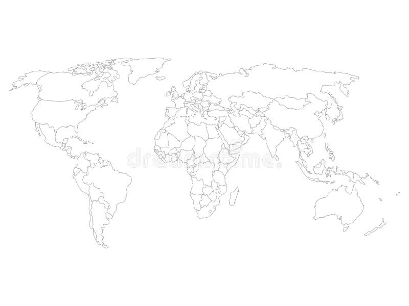 Lege Wereldkaart Met De Dunne Zwarte Vlotte Grenzen Van Het Land Op Witte Achtergrond Vector Illustratie - Illustration Of Amerika, Verdun: 81394541