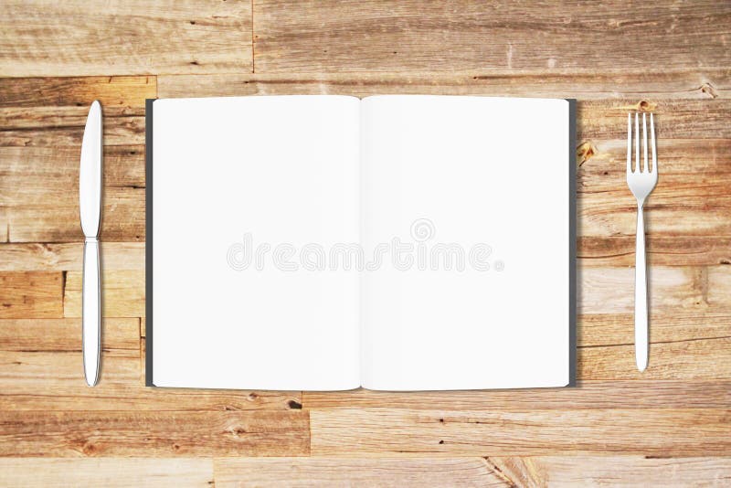 Lege witte pagina's van geopende agenda met vork en mes op houten royalty-vrije illustratie Lege witte pagina's van geopende agenda met vork en mes op houten royalty-vrije illustratie
