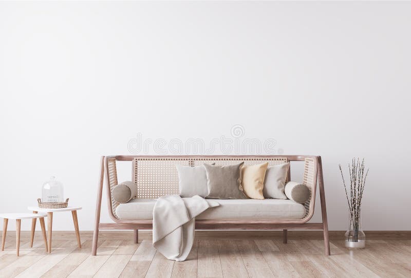 Lege witte wand in stijlvolle moderne houten woonkamer. scandinavische stijl. ratan home decor.