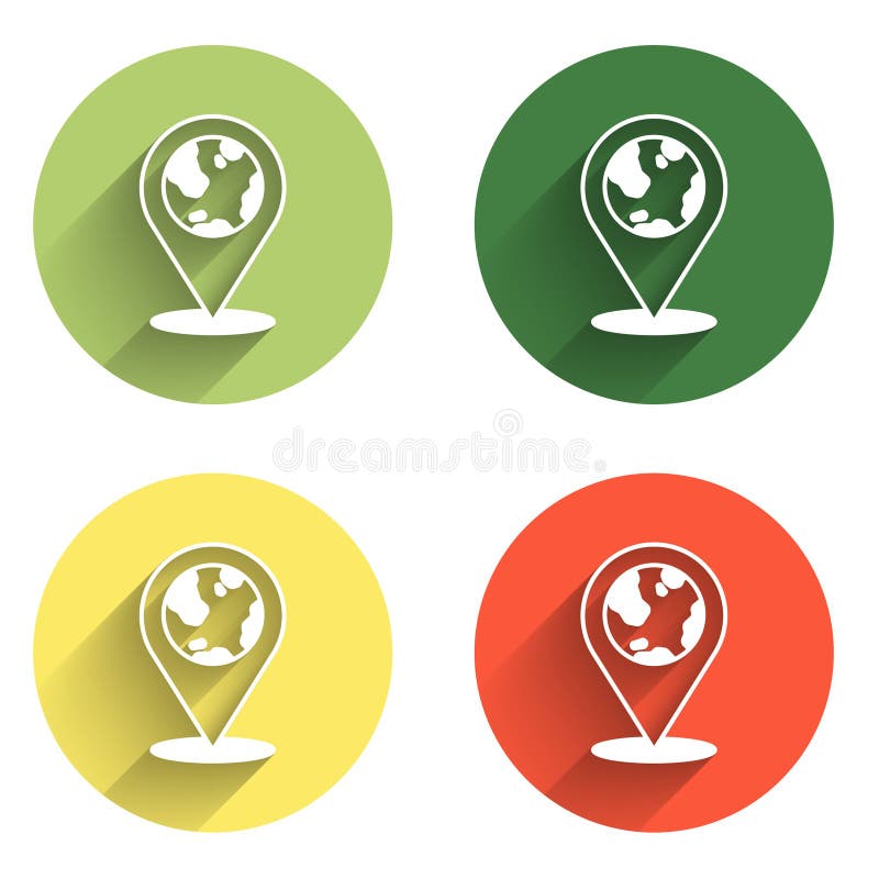 Legen Sie Position auf dem Globus-Symbol fest, isoliert mit langem Hintergrund. Welt- oder Erdzeichen. Farbkreisknopf. Vector stockfoto