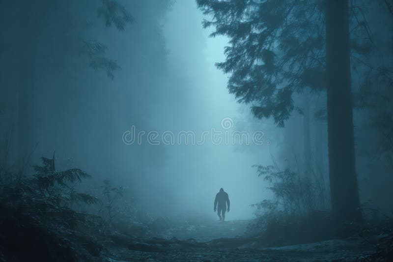 Legendarisk Bigfoot-varelse på en dimmig skogsstig arkivfoton