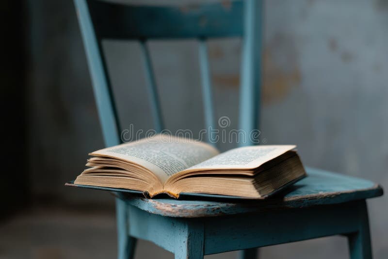 Leggendo d'epoca un vecchio libro poggia su una sedia le sue pagine sono piene di luce morbida che imposta la scena in modo silenz immagini stock libere da diritti