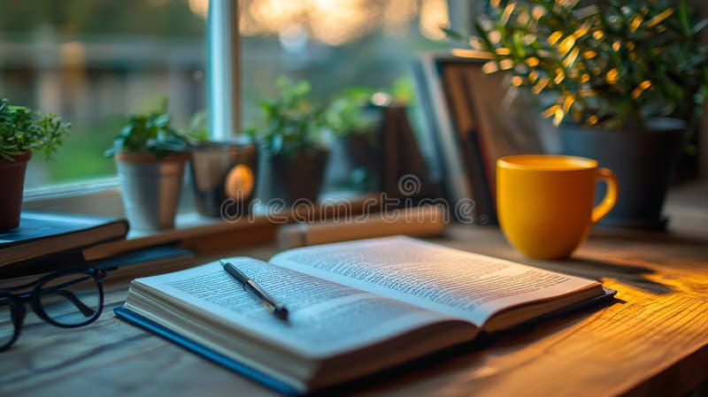 Leggere attentamente Nook : Un libro aperto si trova su una scrivania di legno accanto a una calda tazza gialla Gerenata. fotografia stock