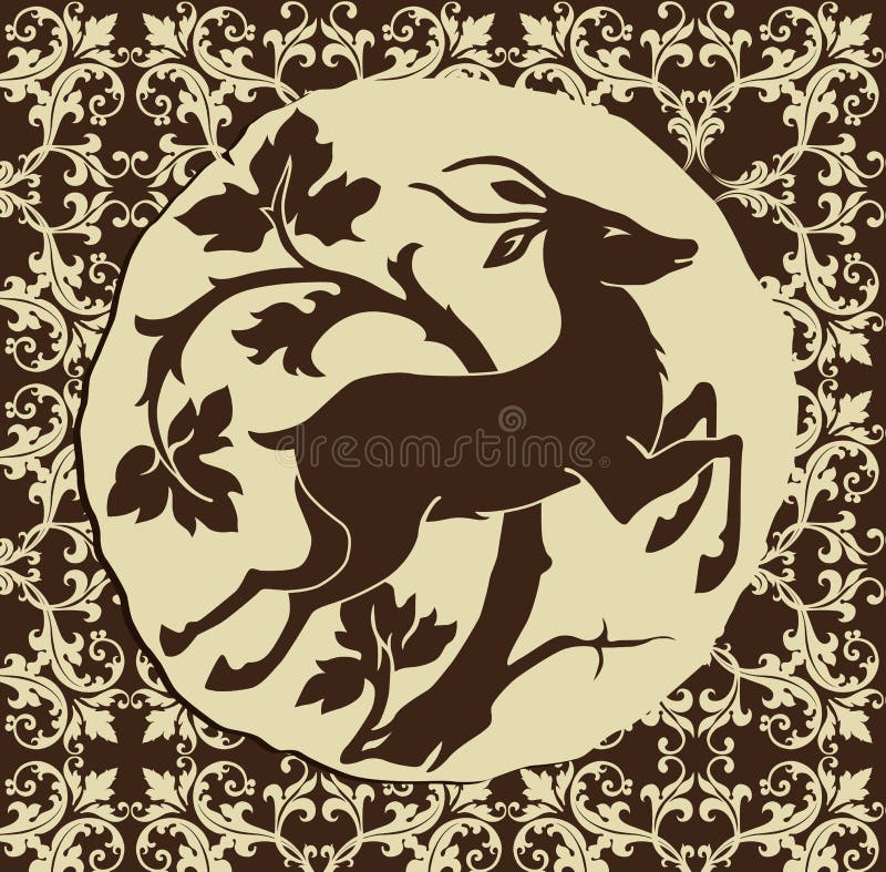 A stylized deer with antlers jumping past a tree with a floral damask pattern in the background. A stylized deer with antlers jumping past a tree with a floral damask pattern in the background