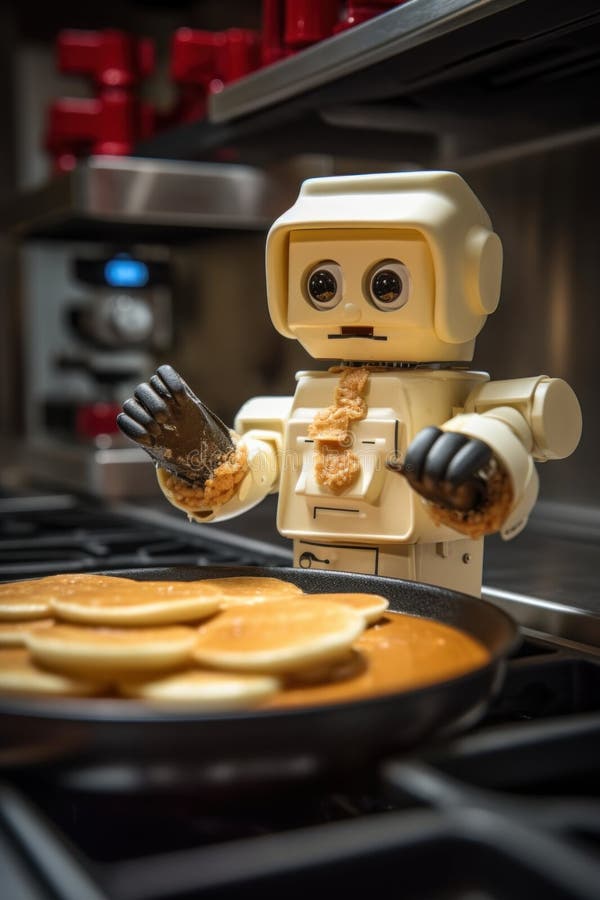 A Lego Robot Making Pancakes in a Kitchen. Generative AI Image. Stock