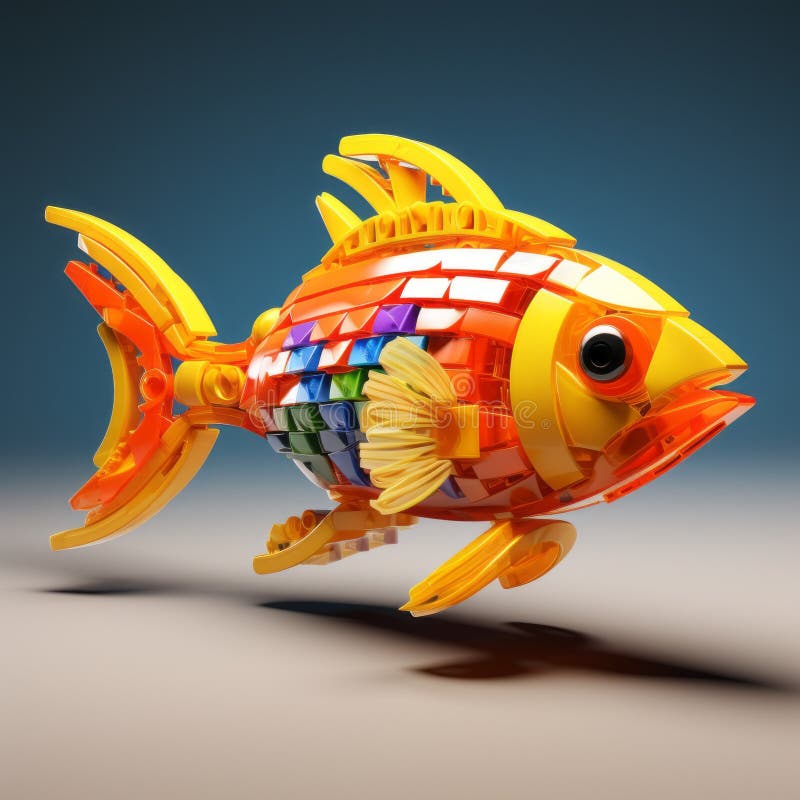 a vibrant lego fish, combining yellow and orange hues, showcases a unique artistic style. this fish, created with vray tracing and chromatic expressionism techniques, embodies the essence of rainbowcore. the fusion of realistic and fantastical elements, captured through a fisheye lens, adds an intriguing touch. influenced by precisionism, the fish's gold and aquamarine colors create a captivating, AI generated. a vibrant lego fish, combining yellow and orange hues, showcases a unique artistic style. this fish, created with vray tracing and chromatic expressionism techniques, embodies the essence of rainbowcore. the fusion of realistic and fantastical elements, captured through a fisheye lens, adds an intriguing touch. influenced by precisionism, the fish's gold and aquamarine colors create a captivating, AI generated