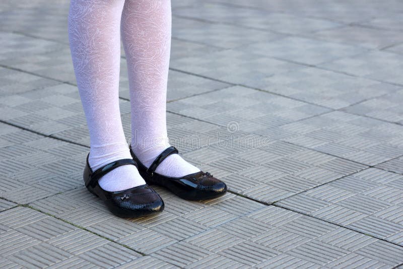 Legs Schoolgirl in Black Shoes and White Tights Stock Photo - Image of ...