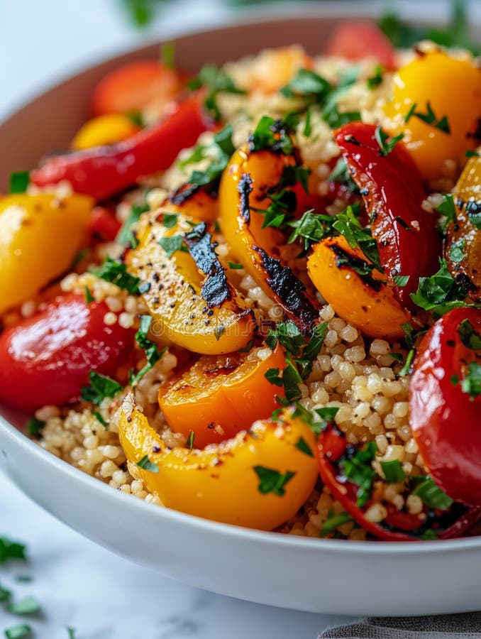 Legume la grătar și salată de cușcuș într-un bol alb. stock photos