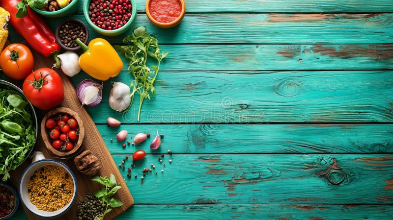 Legume și condimente colorate pe o suprafață din lemn terestru rustic royalty free stock images