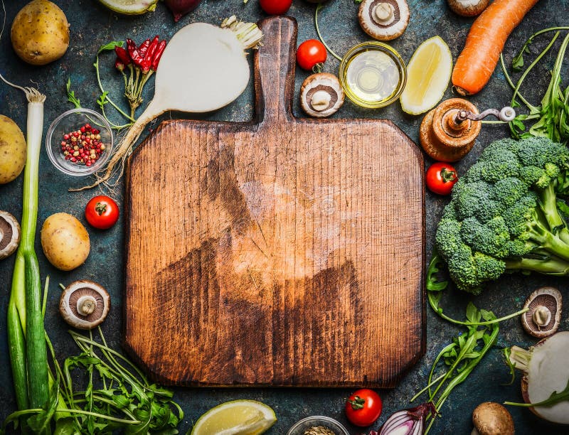 Fresh vegetables and ingredients for cooking around vintage cutting board on rustic background, top view, place for text. Vegan food , vegetarian and healthily cooking concept. Fresh vegetables and ingredients for cooking around vintage cutting board on rustic background, top view, place for text. Vegan food , vegetarian and healthily cooking concept.