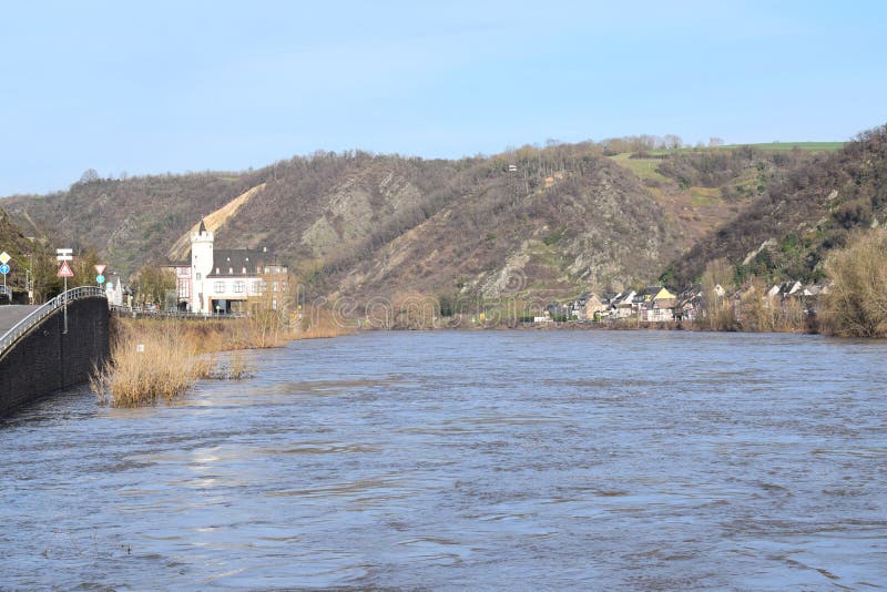 Mosel valley road near Lehmen during the winter flood 2023. The small flood only covered the lower roads, parks and ways at the water. The January flood was lower than the years before. Mosel valley road near Lehmen during the winter flood 2023. The small flood only covered the lower roads, parks and ways at the water. The January flood was lower than the years before.