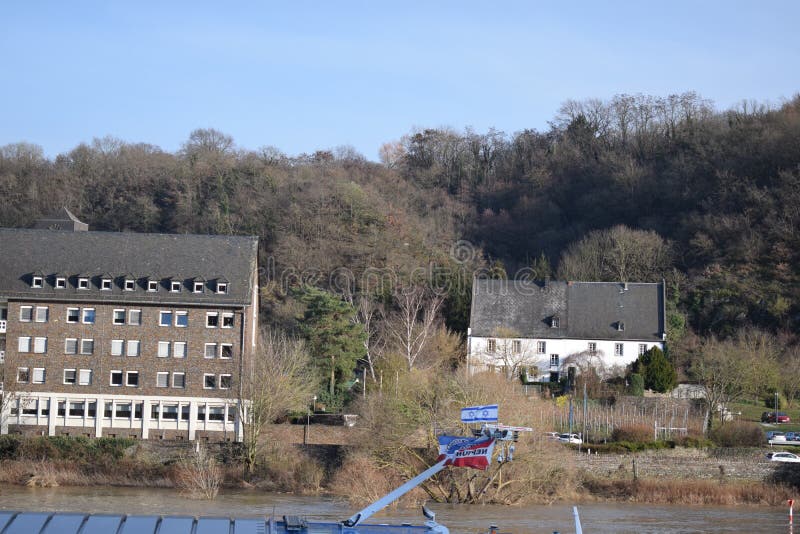 Mosel valley road near Lehmen during the winter flood 2023. The small flood only covered the lower roads, parks and ways at the water. The January flood was lower than the years before. Mosel valley road near Lehmen during the winter flood 2023. The small flood only covered the lower roads, parks and ways at the water. The January flood was lower than the years before.