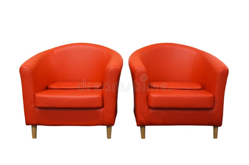 Two red armchairs are on white. Two red armchairs are on white
