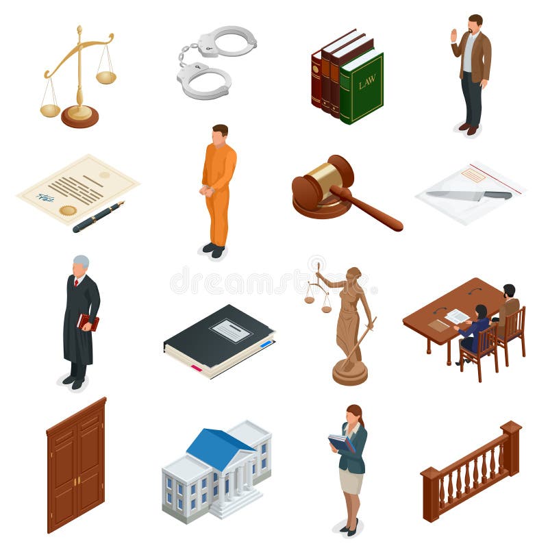 Lei e justiça isométricas Símbolos de regulamentos legais Ícones jurídicos ajustados Jurídico legal, tribunal e julgamento