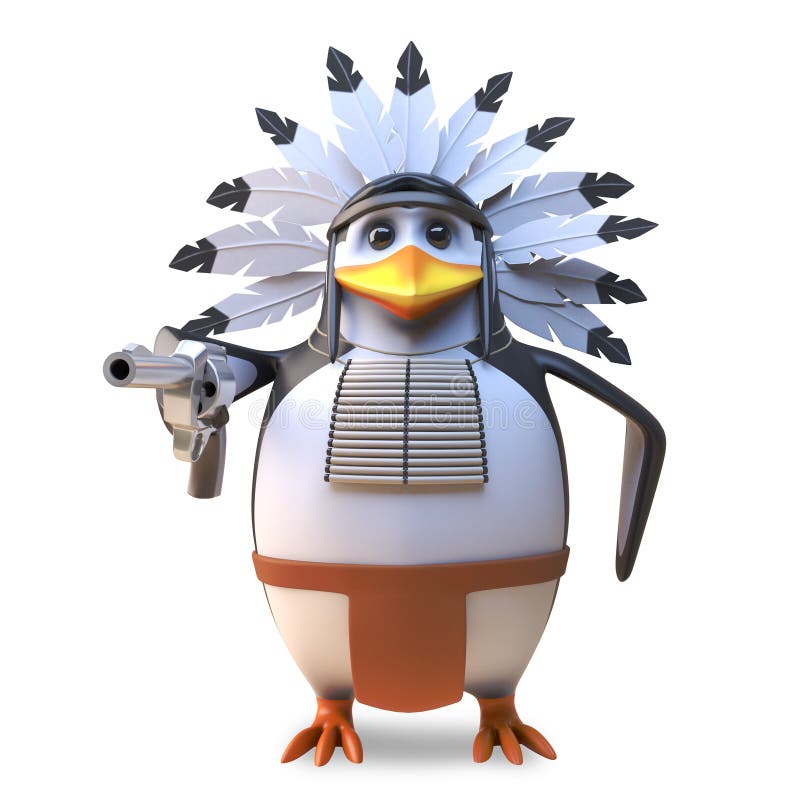 Gentle native American Indian penguin chief smoking his peace pipe and contemplating, 3d illustration render. Gentle native American Indian penguin chief smoking his peace pipe and contemplating, 3d illustration render