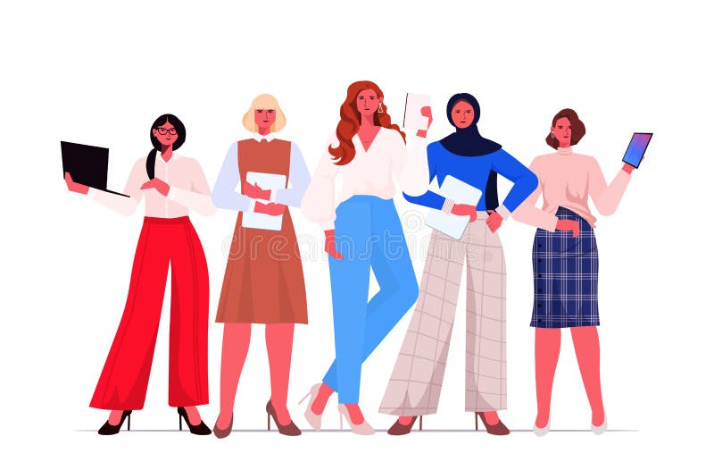 Leidinggevende vrouwelijke ondernemers in formele kleding die een succesvol leidinggevend bedrijfsvrouwenforum samenstellen