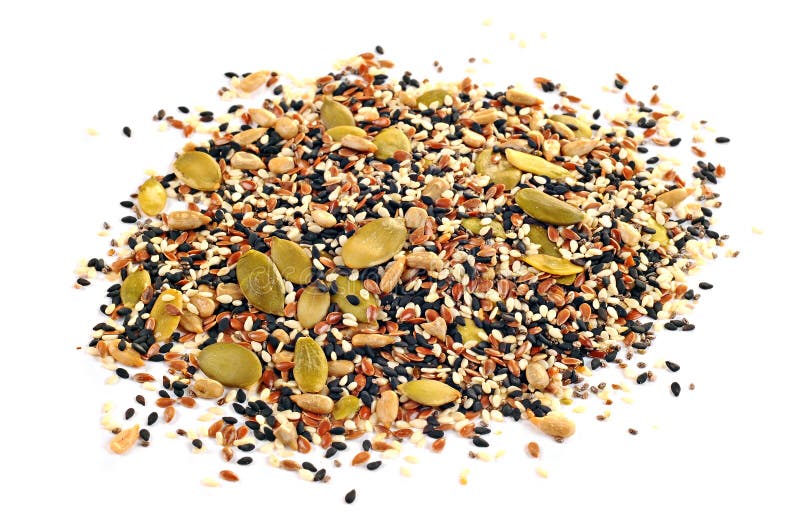 Leinsamen, Sonnenblumensamen, indischer Sesam, chia und Kürbiskerne auf weißem Hintergrund lizenzfreie stockbilder Leinsamen, Sonnenblumensamen, indischer Sesam, chia und Kürbiskerne auf weißem Hintergrund lizenzfreie stockbilder